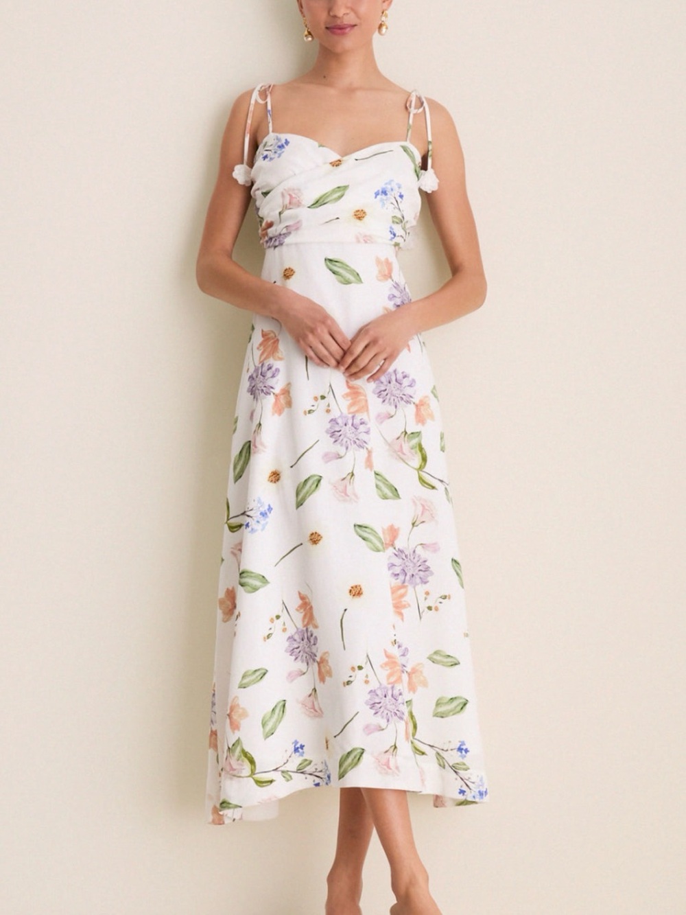 Tie-Shoulder Floral Midi Dress in White